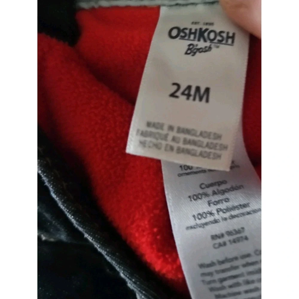 OshKosh Red Fleece Lined Dark Wash Denim Jean Bib Overalls Baby Boys 24 Months